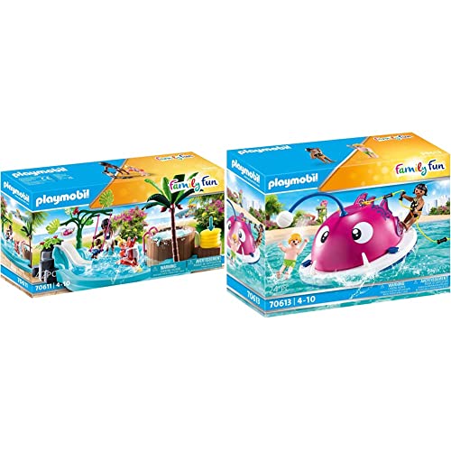 PLAYMOBIL Family Fun 70611 Kinderbecken mit Whirlpool, Zum Bespielen mit Wasser, Ab 4 Jahren & Family Fun 70613 Kletter-Schwimminsel, Schwimmfähig, Ab 4 Jahren von PLAYMOBIL