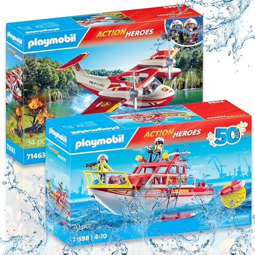 PLAYMOBIL Feuerwehr-Action: Löschflugzeug mit echter Wasserfunktion (71463) & Feuerlöschboot (71598) – Packende Einsätze zu Wasser und in der Luft für kleine Helden! von PLAYMOBIL