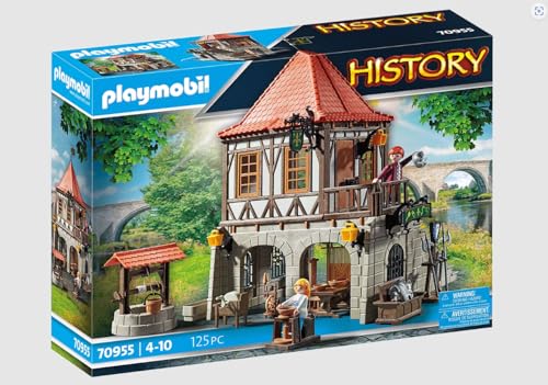 PLAYMOBIL History 70955, mittelalterliches Museum, 125 Teile, ab 4 Jahren, mit 2 Spielfiguren und Zubehör: Töpferscheibe, Spinnrad, Webstuhl und vieles mehr, Bauspielzeug, Konstruktionspielzeug von PLAYMOBIL