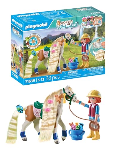 PLAYMOBIL Horses of Waterfall 71639 Ellie & Pferd mit Kreppeisen, inklusive Haarschmuck für kreative Pferdefrisuren und Zwei echten Silikon-Armbändern, nachhaltiges Spielzeug für Kinder ab 5 Jahren von PLAYMOBIL