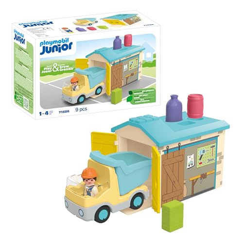 PLAYMOBIL JUNIOR | nachhaltiges Spielzeug für Kinder ab 1 Jahr | LKW mit Sortiergarage | inklusive beweglicher Kippmulde | 71686 von PLAYMOBIL