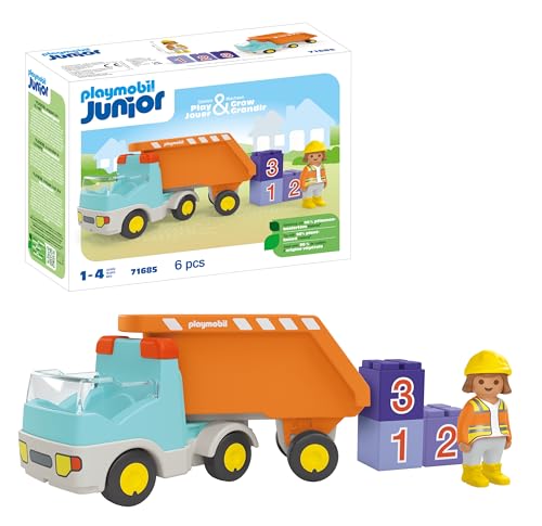 PLAYMOBIL JUNIOR | Kipplaster | nachhaltiges Spielzeug für Kinder ab 1 Jahr | inklusive Bauarbeiterin und DREI Bausteinen | 71685 von PLAYMOBIL