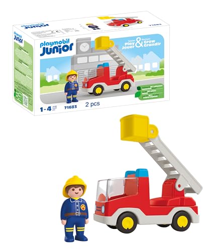 PLAYMOBIL JUNIOR | Feuerwehrleiterfahrzeug | nachhaltiges Spielzeug für Kinder ab 1 Jahr | inkl. drehbarer Leiter und Feuerwehrmann | 71683 von PLAYMOBIL