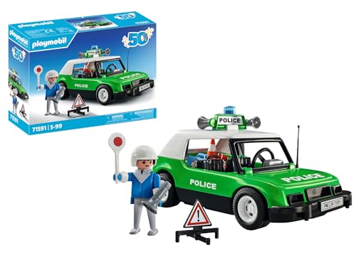 PLAYMOBIL Jubiläumsset 71591 Classic Polizeiauto, aufregende Fahrten mit dem kultigen Retro-Polizeiwagen aus den 70ern, mit Accessoires, hochwertiges Sammelauto oder Spielzeug für Kinder ab 5 Jahren von PLAYMOBIL