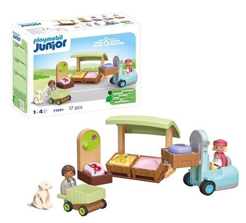 PLAYMOBIL JUNIOR 71691 Bio-Marktstand & Gabelstapler, inklusive Einkaufswagen und stapelbaren Kisten mit Formsteinen, nachhaltiges Spielzeug aus pflanzenbasierten Kunststoffen, für Kinder ab 1 Jahr von PLAYMOBIL