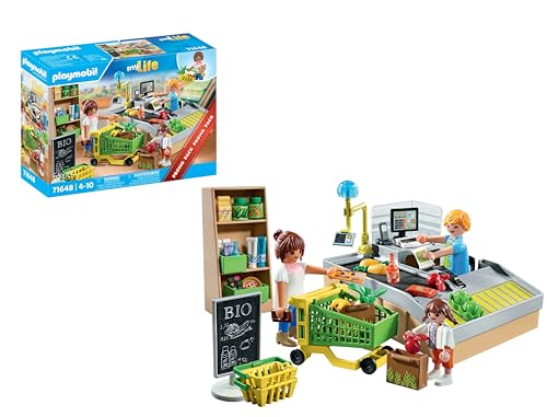 PLAYMOBIL MyLife Promo Pack 71648 Bio-Supermarkt, inklusive Kasse mit Warenlaufband, Einkaufswagen und DREI Figuren, detailreiches Spielzeug für Kinder ab 4 Jahren von PLAYMOBIL