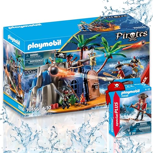 PLAYMOBIL Pirates 70556 Pirateninsel mit Schatzversteck 70598 Pirat mit Floß und Hammerhai - Spannende Abenteuer auf hoher See! von PLAYMOBIL