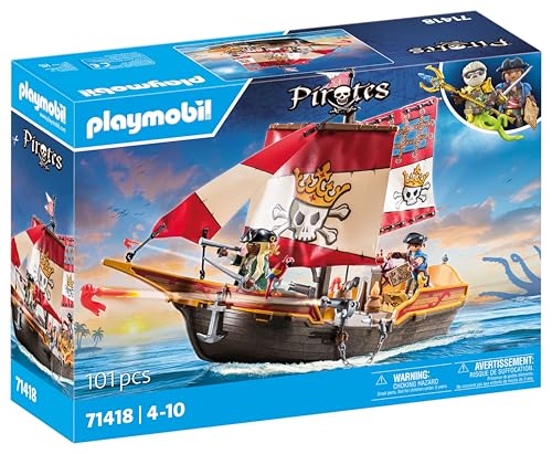 PLAYMOBIL Pirates 71418 Piratenschiff, aufregende Abenteuer auf hoher See, mit umfangreichem Zubehör wie Fernrohr, Kompass und Kanonen, Spielzeug für Kinder ab 4 Jahren von PLAYMOBIL