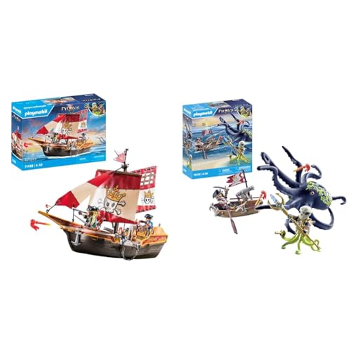 PLAYMOBIL Pirates 71418 Piratenschiff, aufregende Abenteuer auf hoher See & Pirates 71419 Kampf gegen den Riesenoktopus ab 4 Jahren von PLAYMOBIL