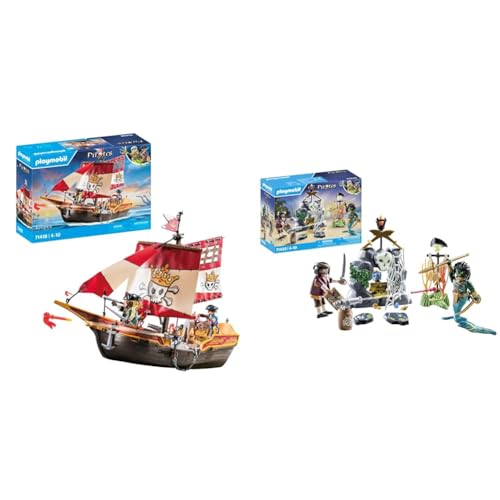 PLAYMOBIL Pirates 71418 Piratenschiff, aufregende Abenteuer auf hoher See & Pirates 71420 Schatzsuche, auf der Suche nach dem Kristallschädel von PLAYMOBIL