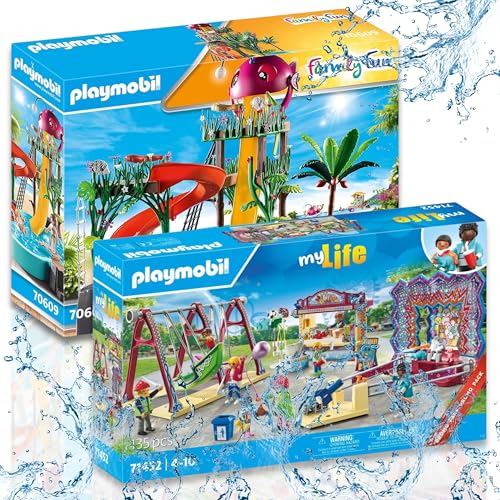 PLAYMOBIL Spielspaß im Freizeitparadies Aqua Park mit Rutschen (70609) & Freizeitpark (71452) Entdecke Wasserrutschen, Karussells und mehr – actionreiche Abenteuer und kreatives Vergnügen für kleine von PLAYMOBIL