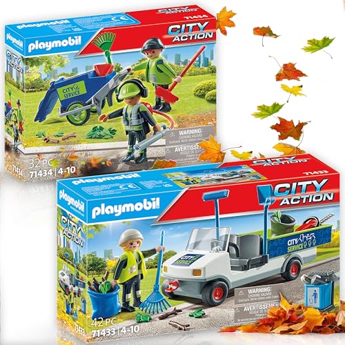 PLAYMOBIL Stadtreinigungsteam 71434 & Stadtreinigung mit E-Fahrzeug 71433: Realistische City Life Sets mit Figuren, Mülltonne, Reinigungswerkzeug und E-Fahrzeug – ideal für Kinder ab 4 Jahren von PLAYMOBIL