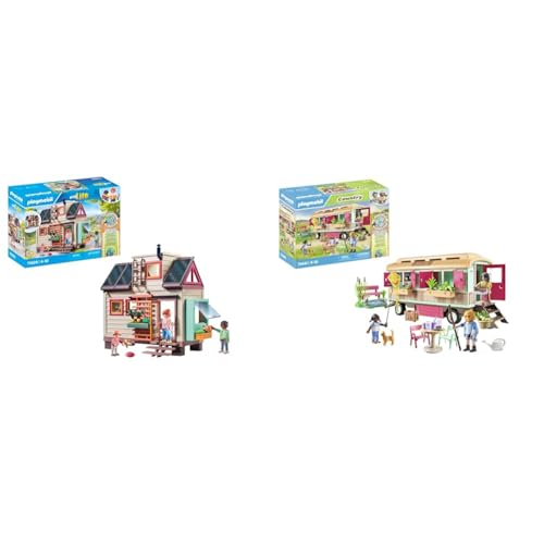 PLAYMOBIL myLife 71509 Tiny Haus, vielfältig eingerichtetes Familienhaus & Country 71441 Gemütliches Bauwagencafé, spielerisches Lernen von PLAYMOBIL