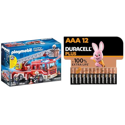 Playmobil City Action 9463 Feuerwehr-Leiterfahrzeug mit Licht und Sound, Ab 5 Jahren + Duracell Plus AAA Alkaline-Batterien, 12er Pack von PLAYMOBIL