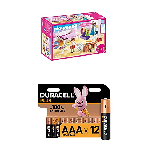 Playmobil Dollhouse 70208 Schlafzimmer und Nähstudio, mit Lichteffekten, ab 4 Jahren + Duracell Plus AAA Alkaline-Batterien, 12er Pack von PLAYMOBIL