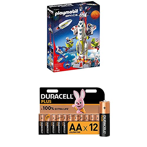 Playmobil Space 9488 Mars-Rakete mit Startrampe, Ab 6 Jahren + Duracell Plus AA Alkaline-Batterien, 12er Pack von PLAYMOBIL