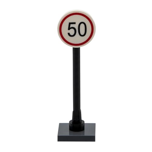 PLAYZOCO Verkehrsschild mit begrenzter Geschwindigkeit, 50 Spielzeuge, Baustelle, Verkehrszeichen, Spielzeug, Mini-Signal, begrenzte Geschwindigkeit, 50, 5 cm Höhe, kompatibel mit Lego von PLAYZOCO