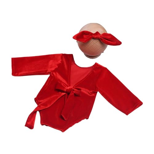 PLCPDM Baby Mädchen Kleidung Rot Neugeborenes Weihnachtskostüm Einteiliger Strampler Schleife Stirnband Kleinkind Festliches Outfit von PLCPDM
