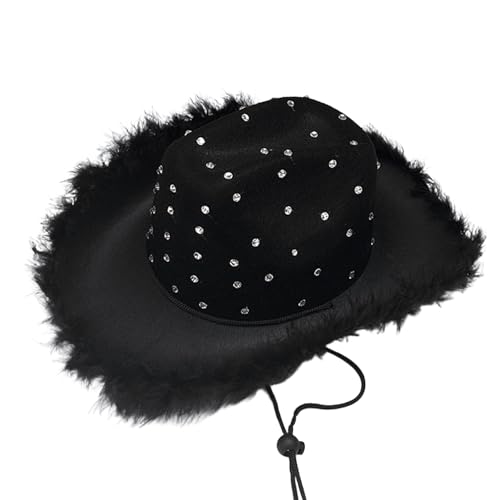 PLCPDM Fedora-Hut mit pelzigem Rand, Strass, für Junggesellinnenabschied, Karneval, Hut für Damen und Herren, Cosplay-Kostüm, Hutzubehör von PLCPDM