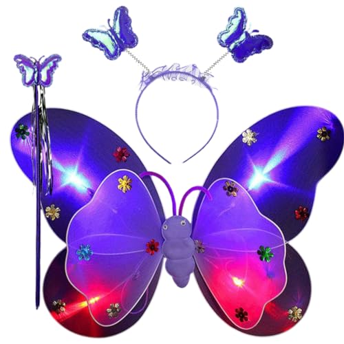 PLCPDM LED Feenflügel Prinzessin Feenkostüm Set beleuchtet Feenflügel Kostüm Mädchen Fee Schmetterling Flügel Zauberstab Stirnband von PLCPDM