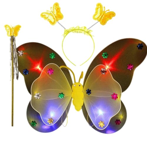 PLCPDM LED Feenflügel Prinzessin Feenkostüm Set beleuchtet Feenflügel Kostüm Mädchen Fee Schmetterling Flügel Zauberstab Stirnband von PLCPDM