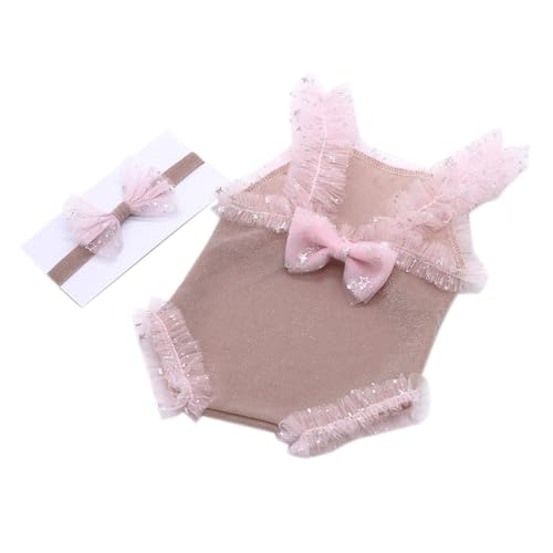 PLCPDM Neugeborenen Requisiten Spitze Strampler Bowknot Stirnband Outfit Baby Mädchen Kostüm Säugling Fotografie Body 2PCS von PLCPDM