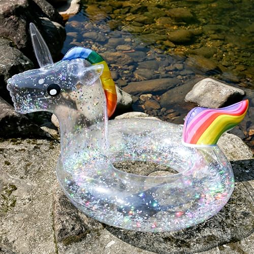 Einhorn Schwimmring, Glitzer Transparente Schwimmreifen, Einhorn Glitzer Ring, Einhorn Pool Aufblasbar, Kinder Aufblasbare Pool Beach Floß Luftmatratze Transparent Schwimmen Ring Unicorn Float von PLLBMXTI