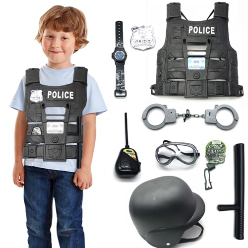 PLLYPE Costume Polizei Kostüm Kinder, 8PCS Rollenspiel Polizei Weste, Polizei Kostüm Zubehör, mit Polizeimütze, Weste, Walkie-Talkie, Handschellen, Abzeichen, Baton für Cosplay Karneval Mottoparty von PLLYPE