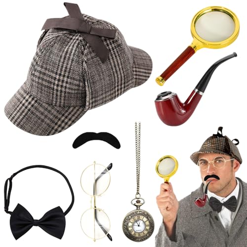 PLLYPE Detektiv Kostüm Zubehör Set, 7 Stück Sherlock Holmes Kostüm Accessoires mit Detektivhut Metallbrille Lupe Herrenfliege Bart, Detektiv Cosplay Requisiten für Kinder Erwachsenen Karneval Cosplay von PLLYPE