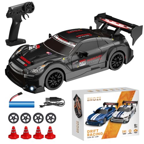 PLLYPE Drift Car 1:24 Rennauto Ferngesteuert, 4WD 2,4 GHz Fernsteuerung, 30km/h RC Drift Car, Ferngesteuertes Auto mit 4 Reifen und 4 Straßensperren, Mini RC Car mit LED-Leuchten Für Kinder von PLLYPE