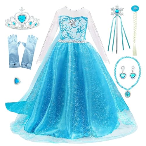 PLLYPE ELSA Kostüm Kinder Mädchen, 8-teiliges Set Prinzessin Kostüme Zubehör Mädchen, Halloween Weihnachten Geburtstag Party Kostüm,outfit mädchen-Blue von PLLYPE