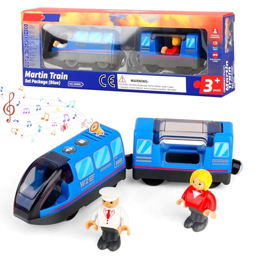 PLLYPE Eisenbahn Elektrische Lok Holzeisenbahn Zug, Holzeisenbahn Zug Elektrische, Batteriebetriebenes Zugset, Leistungsstarker Motorzug, Geschenk Spielzeug Kinder Jungen, Blau von PLLYPE