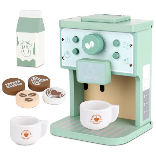 PLLYPE Kaffeemaschine Kinder Holz, 9PCS Kinder Kaffeemaschine für Kinderküche und Spielküche Zubehör, Geburtstagsgeschenk für Kinder ab 3 4 5 6 Jahren Junge Mädchen Kinder von PLLYPE