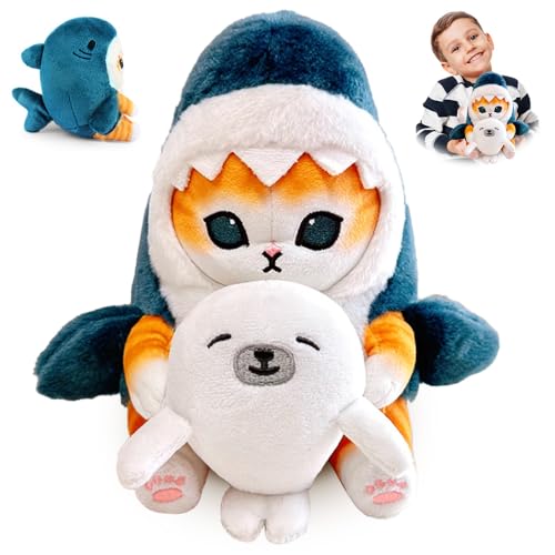 PLLYPE Hai Katze Plüschtie, 20CM Kawaii Katze Kuscheltier, Kuscheltier Shark Katze mit Robbe, Hai Plüschpuppe, Stofftier Kissen Puppe Geschenk für Jungen, Mädchen, Kinder, Freundin von PLLYPE