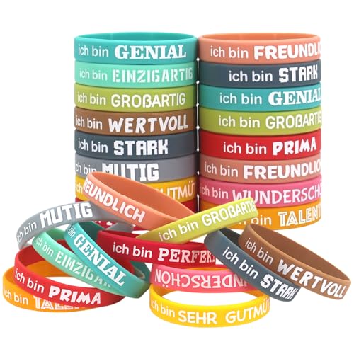 PLLYPE Motivationsarmbänder auf Deutsch, 36 Stück 20.2 cm Inspirierende Silikon Armbänder mit Positiven Sprüchen, Silikonarmband, Bunte Armbänder mit Sprüchen,Geschenk Party Mitgebsel für Teenager von PLLYPE