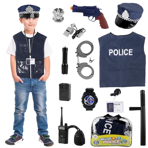 PLLYPE Polizei Kostüm Kinder, 13pcs Polizei Ausrüstung, Kostüm Polizei Set mit Polizeimütze Polizei Weste Polizei Handschellen Walkie Talkie Pistole, Halloween Kostüm Kinder für Karneval Party von PLLYPE