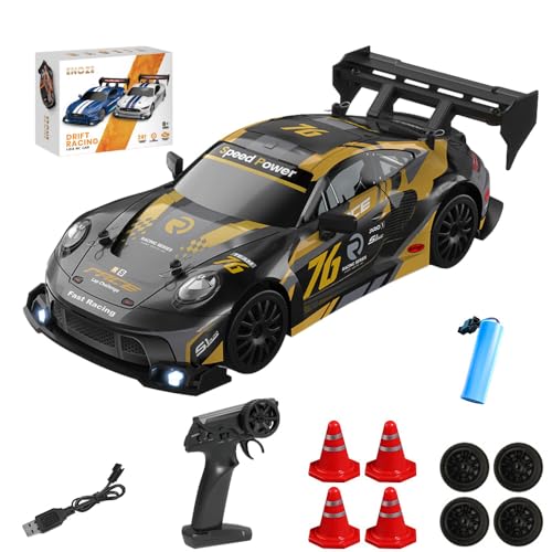 PLLYPE RC Drift Car, 1:24 Ferngesteuertes Drift Auto, 2,4 GHz Mini Drift Car mit LED-Leuchten, 15km/h Rc Auto Drift, mit 4 Reifen und 4 Straßensperren, Geschenk für Erwachsene Kinder, Schwarz Gold PLLYPE RC Drift Car, 1:24 Ferngesteuertes Drift Auto, 2,4 GHz Mini Drift Car mit LED-Leuchten, 15km/h Rc Auto Drift, mit 4 Reifen und 4 Straßensperren, Geschenk für Erwachsene Kinder, Schwarz Gold von PLLYPE