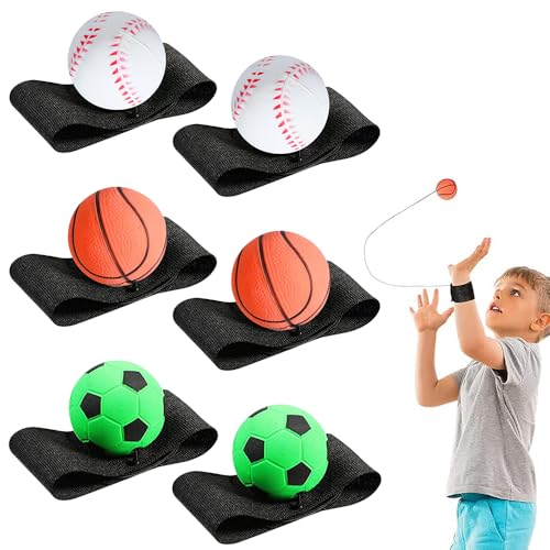 PLLYPE Springball mit Schnur, 6 Stück Ø 6cm Handgelenk Return Ball, Handgelenk Ball mit Gummiband, Returnball Hüpfball Wrist Ball Antistressball für Kinder Erwachsene, Sport Spielzeug von PLLYPE