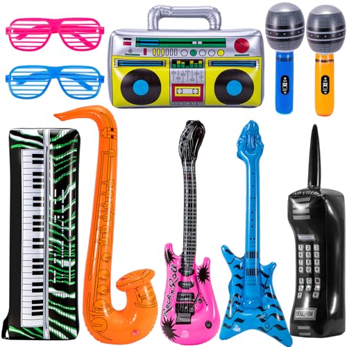 10 Stück aufblasbare Rock Star Toy Set, aufblasbare Instrumente Party Requisiten, aufblasbare Gitarre Boom Box Keyboard Klavier Saxophon Party Favors für Theme Party, Rock and Roll Party Supplies von PLMMOUT