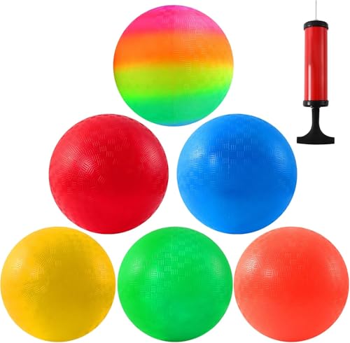 PLMMOUT 6 Stück Bouncy Kickball,PVC Kinder Spielball,Mehrfarbig Regenbogen Ball,Regenbogen-Spielplatzbälle Strandball Softball für Kinder Drinnen und Draußen,mit Pumpe(21.6cm)-Mehrfarbig von PLMMOUT