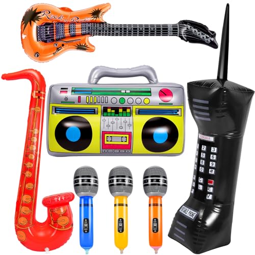 PLMMOUT 7 Stück Aufblasbare Instrumente, Aufblasbare Party Props Inflatables Gitarre Aufblasbares Mikrofone Radio Aufblasbares Saxophon Aufblasbares Mobiltelefon Für 70er 80er Jahre Party Versorgung von PLMMOUT