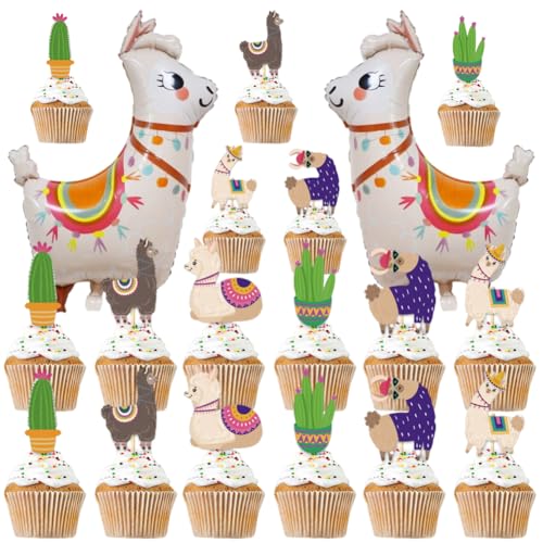 PLNVNVP 26 Stück Alpaka Cupcake Topper, Folienballon Lama Alpaka Kaktus Die Wüste Tortendeko Alpaka Kaktus Deko Geburtstag, Alpaka Folienballon, für Cupcake DIY Deko Geburtstag Party von PLNVNVP