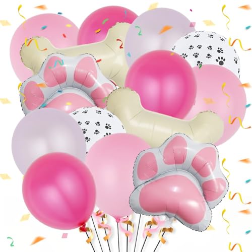 PLNVNVP Hunde Party Luftballons Hunde Folienballons Dekoration Große Knochenform Rosa Hundepfoten-Form Ballons für Haustiere Hundewelpen Kindergeburtstag Partydeko Luftballons, 14 Stück von PLNVNVP