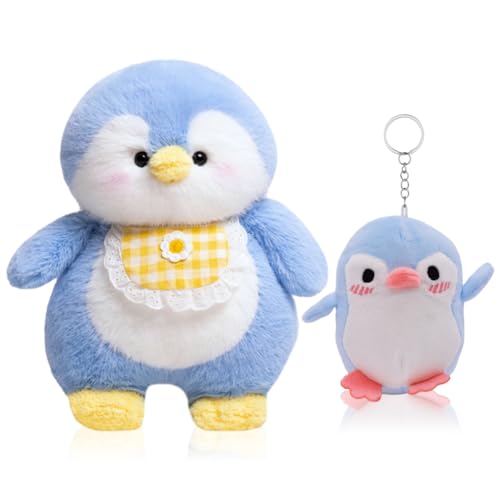 PLNVNVP Pinguin Kuscheltier, Penguins Plush, Pinguin Plüschtier für Kinder, 30cm Blauer Pinguin Plüsch, 10cm Blau Anhänger Pinguin, Kuscheltier Pinguin Plüschtier (Pinguin mit Gelb Lätzchen) von PLNVNVP