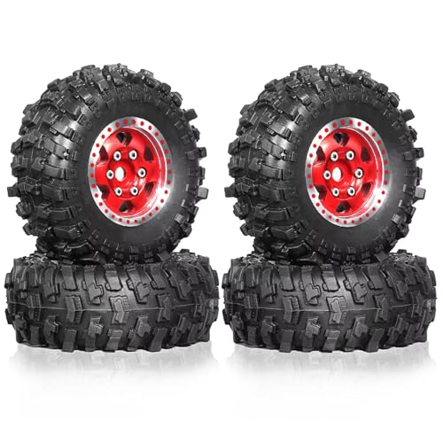 PLOQAZEH RC Autoteile Für TRX4M Für SCX24 AX24 Für FCX24 1/18 1/24 4 Stücke 51mm 1,0 "Metall Beadlock Rad Reifen Set RC Crawler Auto Upgrade Teile Zubehör(Red) von PLOQAZEH