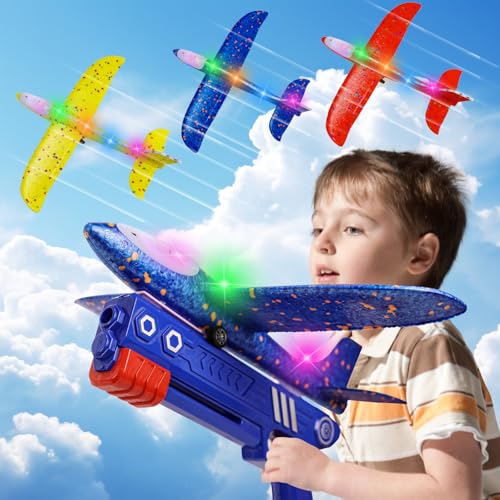 Flugzeug Spielzeug für Kinder, 3 Stück Wurfgleiter Styroporflieger Katapult Pistole Kinderspielzeug, Segelflugzeug Kinder Flieger Styropor, LED Flugzeugbausätze, Geschenk für Jungen und Mädchen Spiele von ideallife