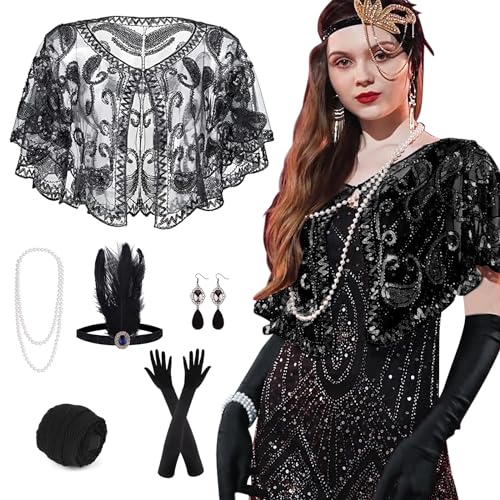 PLULON 10-teiliges 1920er Flapper Great Gatsby Accessoires-Set Fashion Roaring 20's Theme Set mit Stirnband, Kopfbedeckung, langen schwarzen Handschuhen, Halskette, Ohrringen für Frauen von PLULON