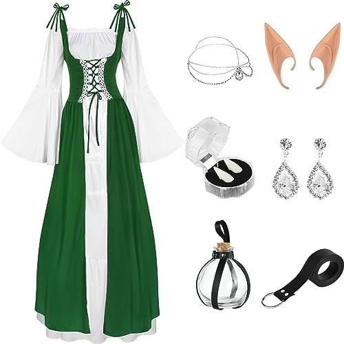 PLULON 11-teiliges Renaissance-Kostüm für Damen, mittelalterliches langes Kleid mit Zubehör für Halloween, Karneval, Cosplay-Party von PLULON