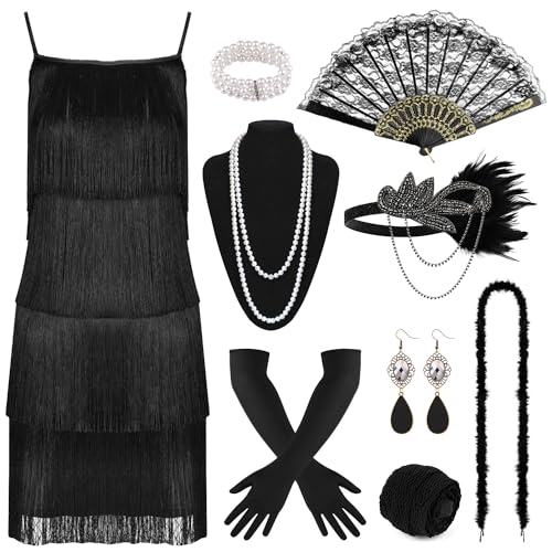 PLULON 12-teiliges Flapper-Gatsby-Kleid im Stil der 1920er-Jahre mit Pailletten Perlen und Fransen und 20er-Jahre-Accessoires-Set. Brüllende 20er-Jahre-Kostüme für Damen von PLULON