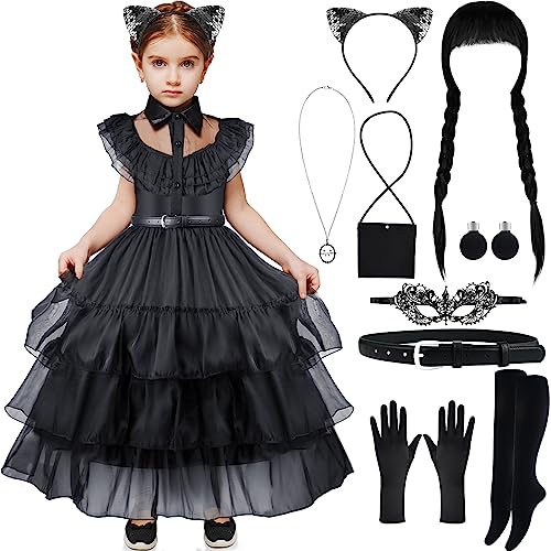 PLULON 13 teiliges Mittwochskleid Prinzessinnenkleider für Mädchen mit Perücke Gürteltasche Ohrringe Stirnband Socken Kostümzubehör Kinder Halloween Cosplay Partykleid 3-9 Jahre von PLULON